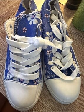Blue Floral Canvas Sneakers with White Laces